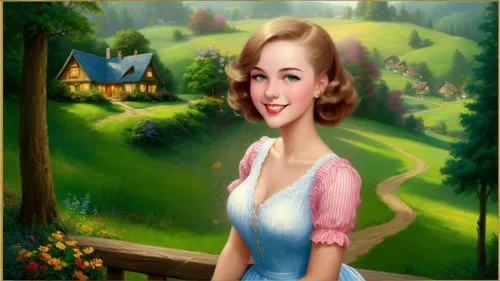 Romantic masterpiece oil painting, cute girl portrait, nostalgic 1950's style kitsch, rolling hills landscape, lush forest village scenery, by Thomas Kinkade, by Bob Ross,avonlea,dorthy,portrait backg