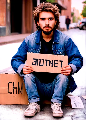 Homeless person, dirty beard, worn-out clothes, ripped jeans, tattered jacket, old sneakers, messy hair, sad eyes, holding a cardboard sign, sitting on street curb, urban background, warm lighting, sh