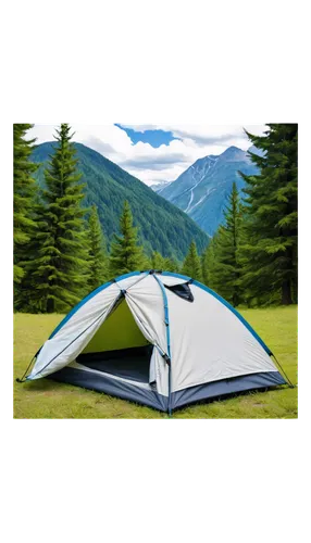 Camping scenes, outdoor adventure, tent, sleeping bag, backpack, forest surroundings, trees, mountains, sunny day, blue sky, fluffy white clouds, warm lighting, panoramic view, 3/4 composition, shallo