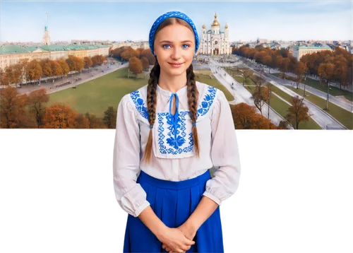 Ukrainian girl, traditional dress, embroidered blouse, floral headscarf, long braids, bright blue eyes, soft smile, standing, Kyiv cityscape, Independence Square, morning sunlight, warm color tone, ci