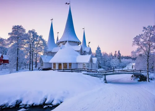 the Moomin world theme park covered in snow in the winters.,lapland,finnish lapland,winter village,fairytale castle,winter house,russian winter,snowhotel,finland,christmas landscape,snowy landscape,sn