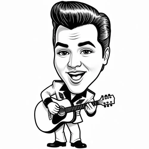 pencil drawing style  Julius Leblanc Stewart Caricature style drawing of a celebrity, big head, small body, exaggerated facial expressions. A 3D animated character resembling Elvis Presley, wearing a 