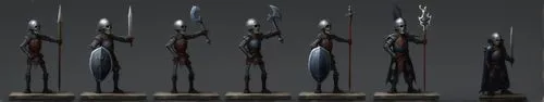 Miniature of fantasy darkness warrior soldier and Dark knight ,a row of armor on display in multiple stages,polearms,tribal arrows,halberds,tridents,longbows,decorative arrows,spearmen,inward arrows,l