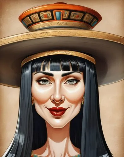 beautiful ancient priestess with bangs and long black hair dressed ancient dress and ancient hat,sombrero,mexican hat,cleopatra,the hat-female,the hat of the woman,la catrina,witch's hat icon,ancient 