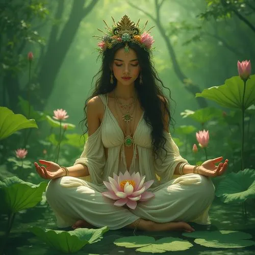 lotus blossom,lotus position,lotus flower,meditator,peaceful,meditation,Illustration,Realistic Fantasy,Realistic Fantasy 02