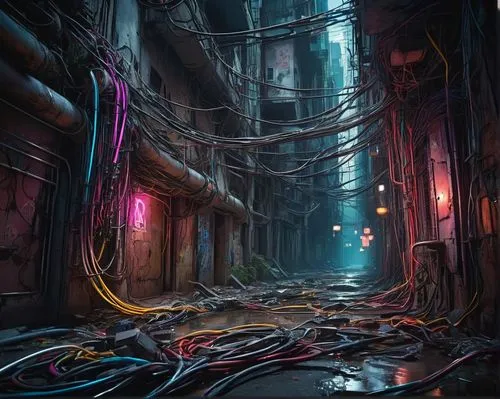 cyberpunk,sewer,cyberia,alleyway,undercity,alley,world digital painting,cyberscene,cartoon video game background,cybertown,lost place,wires,concept art,devein,sewers,alleyways,dungeon,synth,slum,rescue alley,Art,Classical Oil Painting,Classical Oil Painting 01