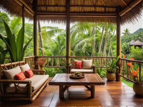 Bahay Kubo, Filipino traditional house, nipa hut-inspired, rustic wooden structure, thatched roof, bamboo walls, wooden doors, large windows, veranda, outdoor seating area, lush green surroundings, tr