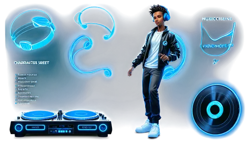 Music download platform, modern UI, futuristic elements, glowing blue lines, neon lights, metallic texture, sleek font, headphones, DJ controller, vinyl records, CD discs, microphone, musical notes, d