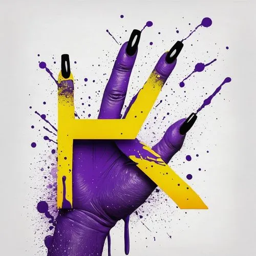 line art, minimalistic, serif font, white background, splattered paint purple to yellow gradient,  main image is letters "CH" with a sneaky fingers wrapped around the letter C with long black painted 