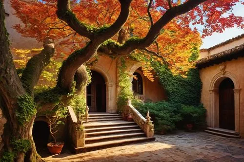 cortile,courtyards,roussillon,stanford university,provencal,tuscany,golden trumpet trees,courtyard,cloisters,stanford,alcazar of seville,pedralbes,provence,toscane,cloistered,autumn tree,provencal life,monastery garden,tree lined path,cloister,Art,Classical Oil Painting,Classical Oil Painting 30