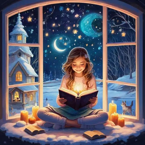 little girl reading,magic book,winter night,spellbook,storybook,lectura,reading,storybooks,read a book,reading owl,relaxing reading,winter magic,girl studying,book gift,bookstar,fantasy picture,bibliophile,sogni,llibre,author,Illustration,Abstract Fantasy,Abstract Fantasy 13