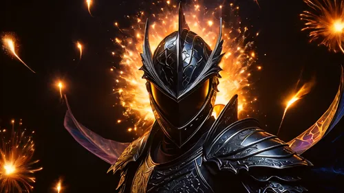 knight, multi color Firework explosion, fire, water, element, crystal see through solar system galaxy black hole oasis dragon, magical symbol, black backdrop,sauron,acindar,lorian,dormammu,elashyi,mel