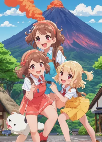 Craft a comedic skit where a group of clumsy tourists accidentally stumble upon a volcanic eruption.,etna,volcanos,explosion,trio,active volcano,haruhi suzumiya sos brigade,fire background,volcanism,e