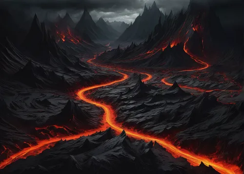 lava river,lava,scorched earth,volcanic field,lava plain,volcanic landscape,lava flow,fire mountain,valley of death,volcanic,lake of fire,magma,lava cave,burning earth,the valley of death,volcano,volcanos,fire in the mountains,volcanism,inferno,Conceptual Art,Oil color,Oil Color 02