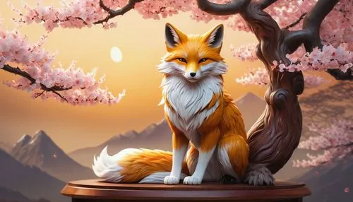 cute fox,garden-fox tail,adorable fox,fox,a fox,kitsune,little fox,child fox,redfox,foxes,red fox,desert fox,fox stacked animals,inari,nine-tailed,japanese sakura background,spring background,sand fox,portrait background,springtime background,Illustration,Paper based,Paper Based 26