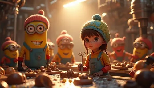 A group of diminutive, industrious Oompa Loompas and Minions in vibrant, colorful attire, expertly crafting an assortment of chocolates and intricate sweets, in a futuristic, sci-fi inspired high-tech