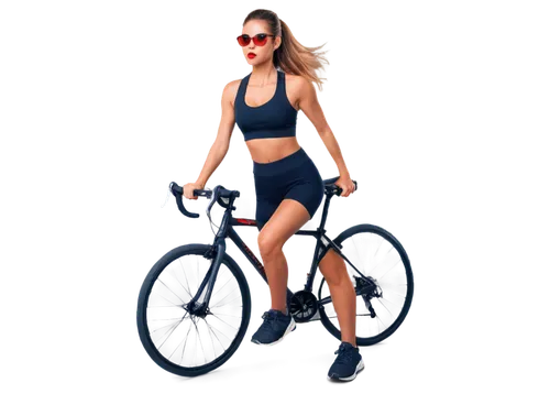 Sexy woman, athletic build, helmet, sunglasses, ponytail, red lipstick, minimal makeup, toned legs, cycling shorts, sports bra, sneakers, mountain bike, dynamic pose, leaning forward, one hand on hand