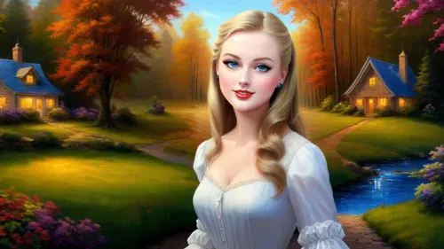 Romantic masterpiece oil painting, cute girl portrait, nostalgic 1950's style kitsch, breathtaking beautiful  landscape, majestic natural scenery, warm evening lighting, highly detailed, highres, absu