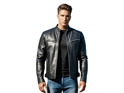 Leather jacket, male, muscular, standing, hands in pockets, black leather, silver zipper, rugged texture, worn edges, realistic folds, morning light, low-angle shot, cinematic composition, shallow dep