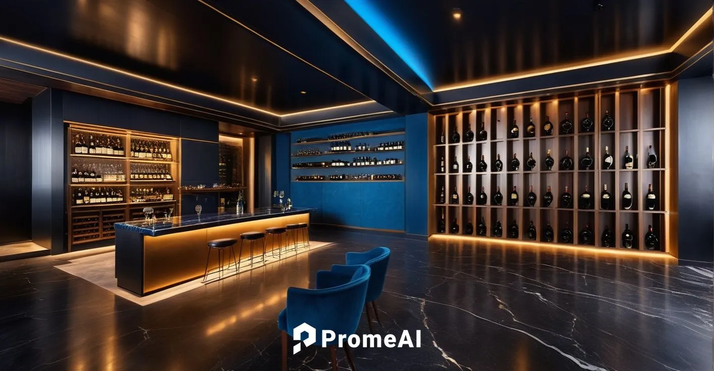 Overall dark atmosphere, space with a wine bar, blue indirect lighting in the wine bar, black marble wine bar, walnut wood furniture,liquor bar,wine bar,gold bar shop,unique bar,piano bar,nightclub,ba