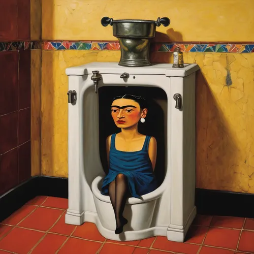 frida,the girl in the bathtub,girl in the kitchen,woman sitting,girl with cereal bowl,kitchen sink,washbasin,woman drinking coffee,toilet,girl with bread-and-butter,restroom,pozole,la catrina,wash basin,woman thinking,washroom,toilet table,folk art,stove,laundress,Art,Artistic Painting,Artistic Painting 31