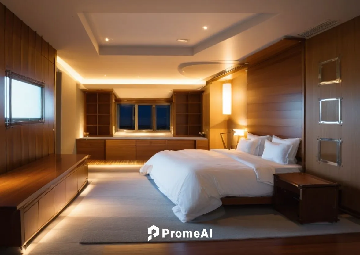 Bedroom, เวลากลางคืน, โรงแรม,guestrooms,sleeping room,modern room,japanese-style room,3d rendering,chambre,luxury hotel,render,staterooms,interior decoration,bedroomed,great room,contemporary decor,in