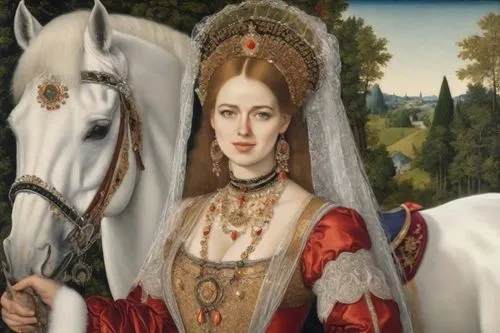 Horse body more,the woman in a red dress is holding the white horse,noblewoman,a white horse,white horse,elizabeth i,joan of arc,memling