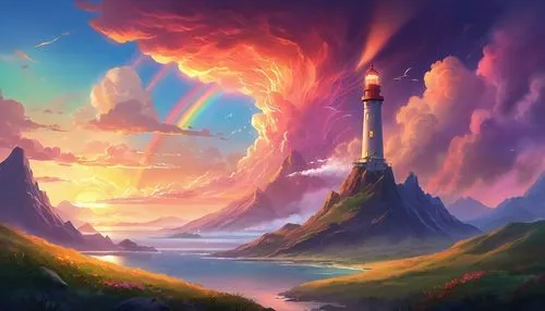 fairy chimney,lighthouse,electric lighthouse,fantasy landscape,lighthouses,light house,petit minou lighthouse,mushroom island,beacon,futuristic landscape,mushroom landscape,world digital painting,spire,cloud towers,fantasy picture,phare,the pillar of light,an island far away landscape,tower fall,cliffside,Illustration,Realistic Fantasy,Realistic Fantasy 01