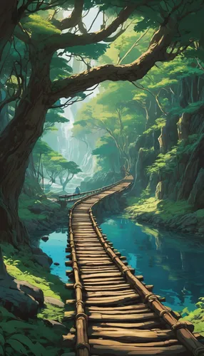 wooden path,wooden track,wooden bridge,forest path,tree top path,log bridge,studio ghibli,hiking path,forest road,pathway,the mystical path,cartoon video game background,the path,forest landscape,trail,the road to the sea,path,railroad trail,cartoon forest,tree lined path,Illustration,Japanese style,Japanese Style 14