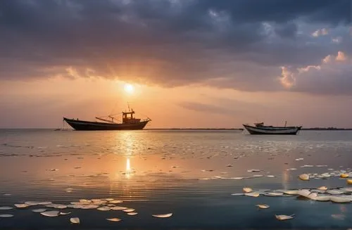 Fishing boat in the sunset, white petals floating in the air,old wooden boat at sunrise,fishing boats,small boats on sea,fishing boat,fishermen,boat on sea,boat landscape,persian gulf,wooden boats,fis