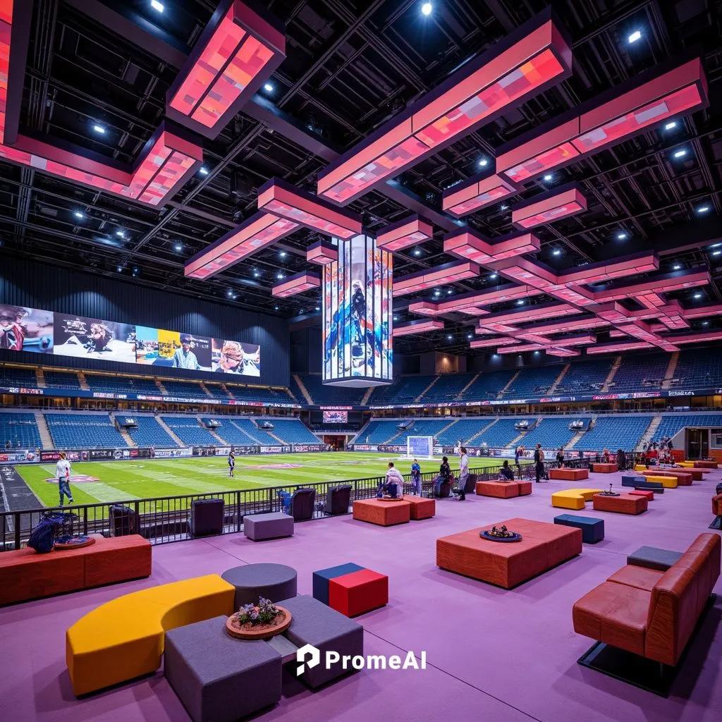 Vibrant stadium interior, postmodern architecture style, bold color schemes, dynamic lighting systems, irregular shapes, fragmented forms, eclectic furniture designs, reclaimed wood accents, industria