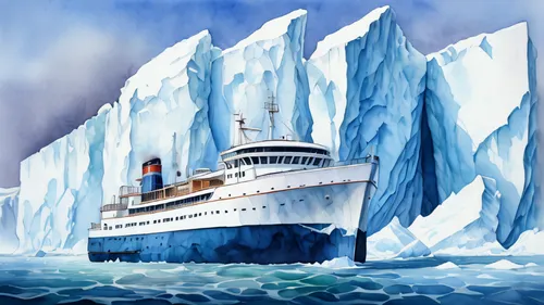 Watercolor depiction of a pleasure boat firmly wedged between towering icebergs, captured in sharp focus, trending on ArtStation, with intricate details, highly detailed in the style of Greg Rutkowski