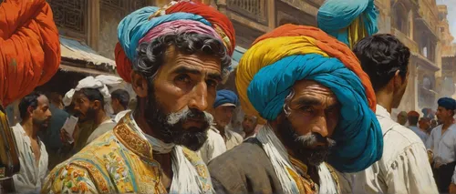 In a crowded market, a street performer dons a vibrant hair accessory.,turban,dervishes,orientalism,sikh,jaisalmer,oil painting on canvas,indian art,souq,oil painting,nomadic people,pilgrims,vendors,s