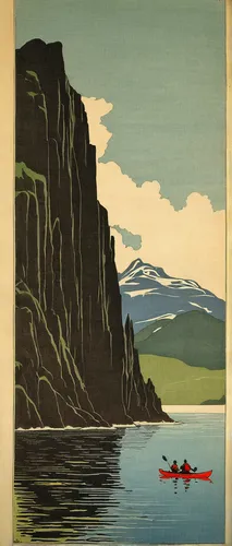 travel poster,cool woodblock images,olle gill,canoes,fjords,sognefjord,mountain and sea,kayaker,hurtigruten,canoeing,julkula,woodblock prints,fjord,nordland,mountain scene,patrol suisse,boat landscape,canoe,edward lear,geirangerfjord,Illustration,Japanese style,Japanese Style 21