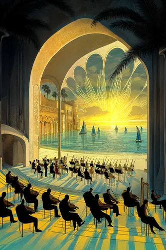 art deco background,schuiten,schuitema,philharmonic orchestra,art deco,cat pageant