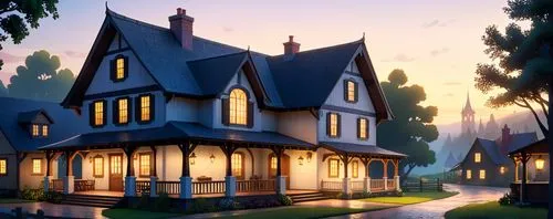 the large white house has an evening view,house silhouette,houses silhouette,houses clipart,dreamhouse,whorwood,victorian house,Anime,Anime,Cartoon