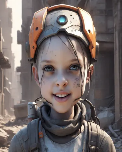 children of war,headset profile,nora,fallout4,echo,children's eyes,safety helmet,clementine,helmet,piper,child portrait,child girl,cyborg,maya,io,climbing helmet,ps4,a child,the girl's face,construction helmet,Digital Art,3D