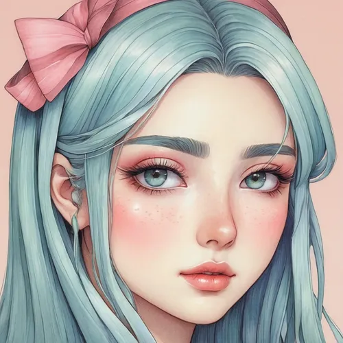 Generate an anime face with blushing cheeks and a shy, downward gaze.,soft pastel,fantasy portrait,girl portrait,mint blossom,digital painting,eglantine,cosmetic,cotton candy,doll's facial features,po