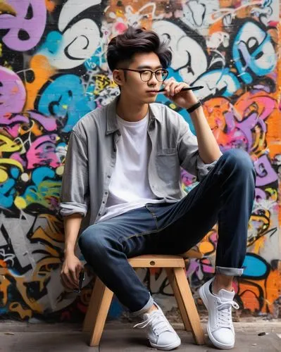 portrait background,yun niang fresh in mind,brick background,stitch frames,boy model,man on a bench,blogger icon,male poses for drawing,kai yang,sitting on a chair,concrete background,khoa,jeans background,shoes icon,vietnamese,asian,bench,seated,kai bei,young model,Art,Classical Oil Painting,Classical Oil Painting 32