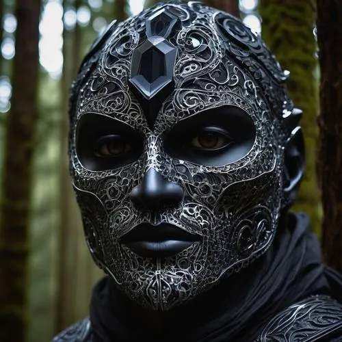 a man in a black mask stands in the forest,ffp2 mask,masked man,caliban,with the mask,voorhees,anonymous mask,Conceptual Art,Sci-Fi,Sci-Fi 05