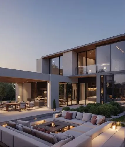 Architecture Design,an outdoor patio is set up for a party with fire pits,modern house,modern architecture,beautiful home,luxury home,modern style,luxury property,Photography,General,Realistic