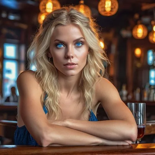 A stunning and captivating portrait of a bohemian-style woman with blue eyes and teased-up blonde hair. She is seated gracefully on a bar chair in a wicked bar,silja,blonde woman,iselin,agnete,elyse,w