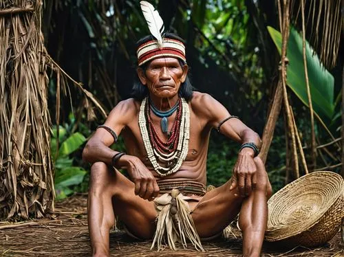 Old Chief of the Amazonian tribe, indigenous to the Guarani ethnic group. Seated, he lets you see his whole body dressed in straw clothes typical of the Amazon. ,tribal chief,papuan,aborigine,nomadic 