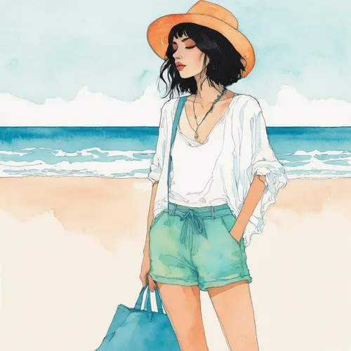 fashion illustration,panama hat,straw hat,beach background,summer clothing,fashion vector,sun hat,summer beach umbrellas,beach walk,beach umbrella,summer items,watercolor blue,beach scenery,watercolor women accessory,fashion sketch,summer hat,bermuda shorts,summer coat,the beach pearl,seaside,Illustration,Paper based,Paper Based 19