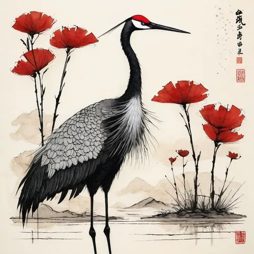 red-crowned crane,eastern crowned crane,gray crowned crane,demoiselle crane,white-naped crane,grey crowned crane,grey neck king crane,flower and bird illustration,crane,asian bird,baishi,cranes,crane bird flying,qingming,oriental painting,hiromasa,cool woodblock images,blue crane,bird flower,bird illustration,Art,Artistic Painting,Artistic Painting 49