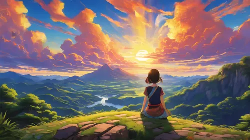 mountain sunrise,landscape background,world digital painting,mountain world,mountain scene,heavenward,fantasy picture,fantasy landscape,arrietty,wonderlands,ghibli,skylands,high landscape,dreamscape,nature background,horizons,dream world,above the clouds,sea of clouds,journey,Illustration,Japanese style,Japanese Style 05