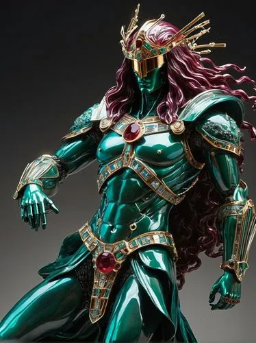 an amazing cybernetic warrior in the middle of the galaxy, a kind of space hero drifting in the open space, (sci fi, fantasy), detailed, complex, sophisticated, crystals, rubies, emeralds ((sculpture 