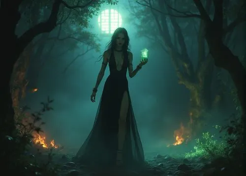 
En un rincón sombrío de un bosque encantado, la luna llena brilla intensamente, iluminando un claro cubierto de neblina. Allí, una bruja hermosa se destaca, su figura esbelta vestida con delicada len