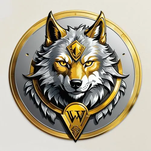 Fantasy emblem logo for gaming token depicting a powerful anthropomorphic wolf king (including the word "Wolf)"),luxury legendary token,golden border and golden and yellow tones,illustration,vibrant((