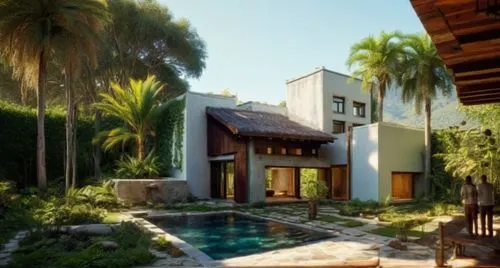 EL EXTERIOR DE UNA CASA CON ESTILO MEXCANO MODERNO, USO DE COLORES VIBRANTES, MATERIALES REFIONALES, TEJA, VIGAS DE MADERA, EN UN AMBIENTE EXUBERANTE, ESTANQUE DE AGUA AL FRENTE, PROPORCION, EXCELENTE